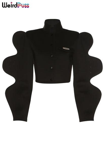 Weird Puss Fashionable Special Sleeve Jacket Women Y2K Autumn Warmth Solid Single-Breasted Wild Street Causal Short Outwear Coat