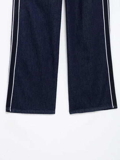 KONDALA Women High Street Denim Set Spring Fall Trendy Side Stripe Stand Collar Zipper Jacket Lace-up Pant 2026 Casual Pants Set