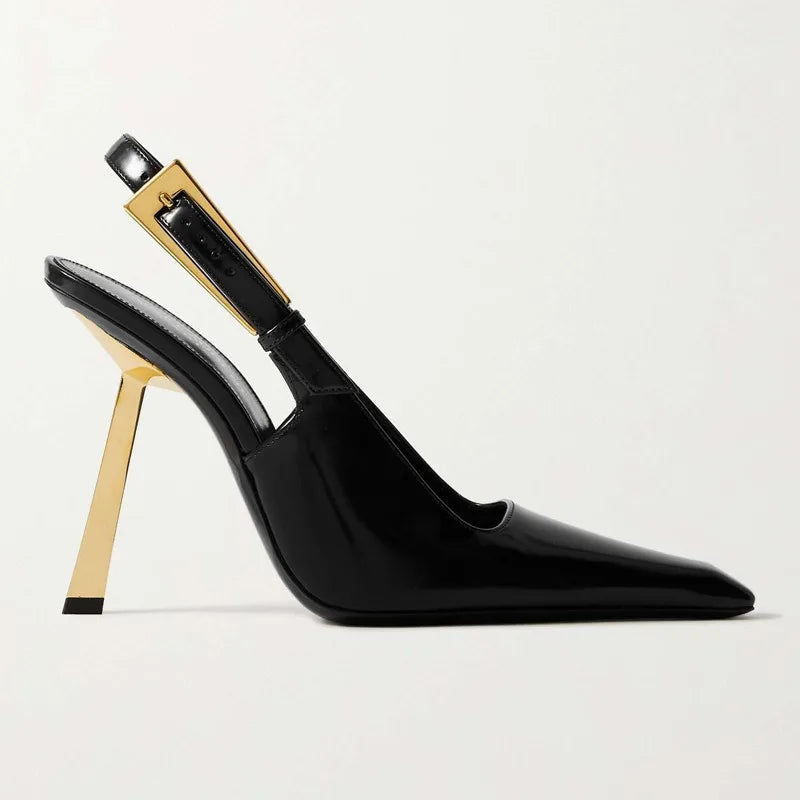 2025 Spring And Summer New Black Patent Leather High Heels Women Slim Heel Shoes Temperament Minority Pointed Sandals