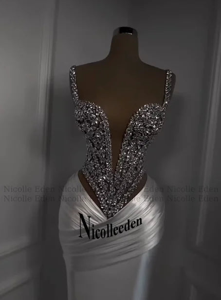 Nicolle Charming Spaghetti Straps Evening Dresses for Women Rhinestones Pageant Celebrity Dresses Vestidos De Gala Customized