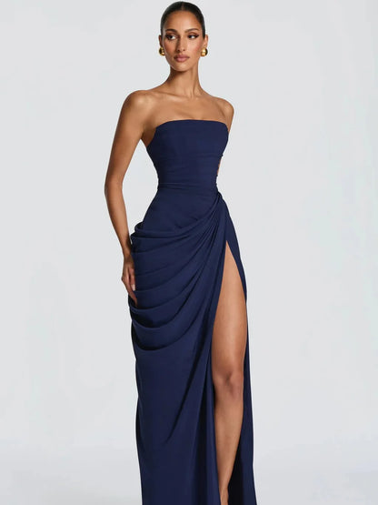 Women Sexy Solid Pleated Strapless Dress Lady Chic Off-shoulder Backless High Waist Split Dresses 2026 New Evening Party Gown
