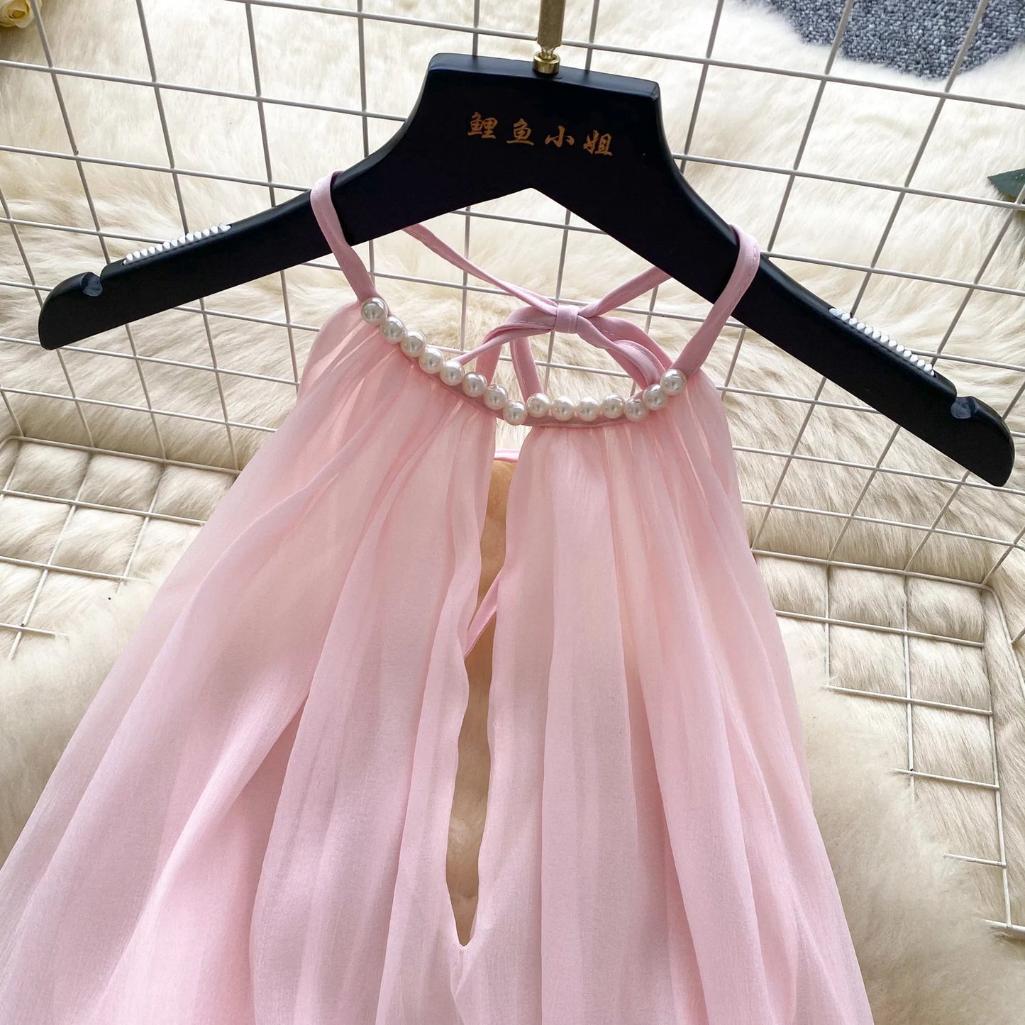 SINGREINY Strap Chiffon Mini Dress Female Pearl Halter Sleeveless Backless Sexy Design Fairycore Vacation Summer Ruffles Dress