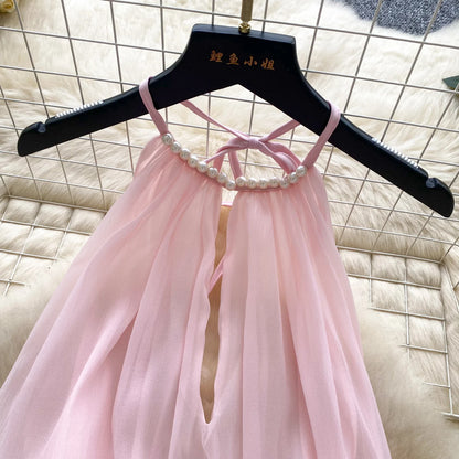 SINGREINY Strap Chiffon Mini Dress Female Pearl Halter Sleeveless Backless Sexy Design Fairycore Vacation Summer Ruffles Dress