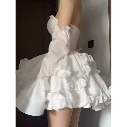 Elegant White Mini Dress Women Fashion Party Prom Luxury Strapless Dresses Summer Korean Sexy Ruffles Backless Bodycon Vestidos