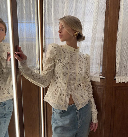 Tossy Summer Lace Printed Shirts Tops Female Hollow Out Fashion Commute Vintage See-Through Blouse Women's Lace Shrug Shirts New