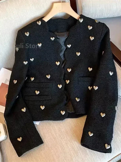 Autumn Winter Fashion Heart Buckle Black Wool Tweed Short Jacket Coat Women Vintage Long Sleeve V Neck Wave Cardigan Outwear Top