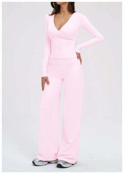 2PCS Gym Tracksuits Yoga Set Female Fitness Suit Deep V Yoga Bra Athletic Wear Women High Waist Workout Flared pants Sports Suit