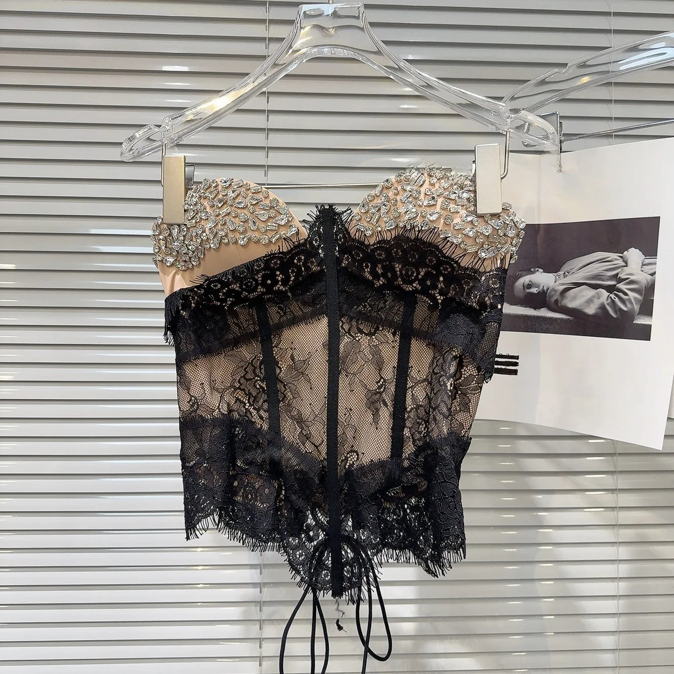 Summer 2026 Sexy Spicy Girl Heavy Work Rhinestone Nail Fishbone Waist Cinch Strapless Tube Top Tank Original Design Lace Trim...