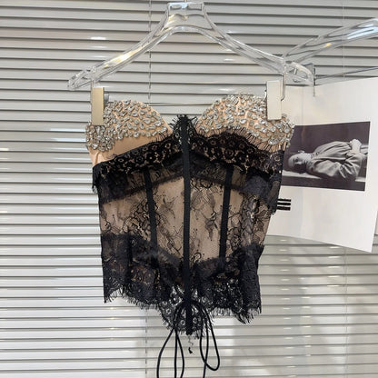 Summer 2026 Sexy Spicy Girl Heavy Work Rhinestone Nail Fishbone Waist Cinch Strapless Tube Top Tank Original Design Lace Trim...