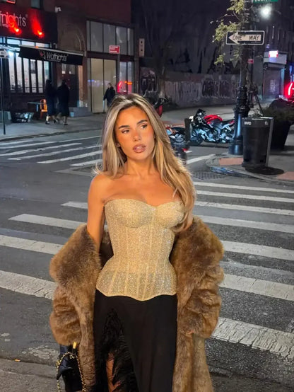 Sexy Sequin Lace Up Shell Corset Women Chic Strapless Backless Off Shoulder Bodycon Waist Cinching Vest New Lady High Street Top