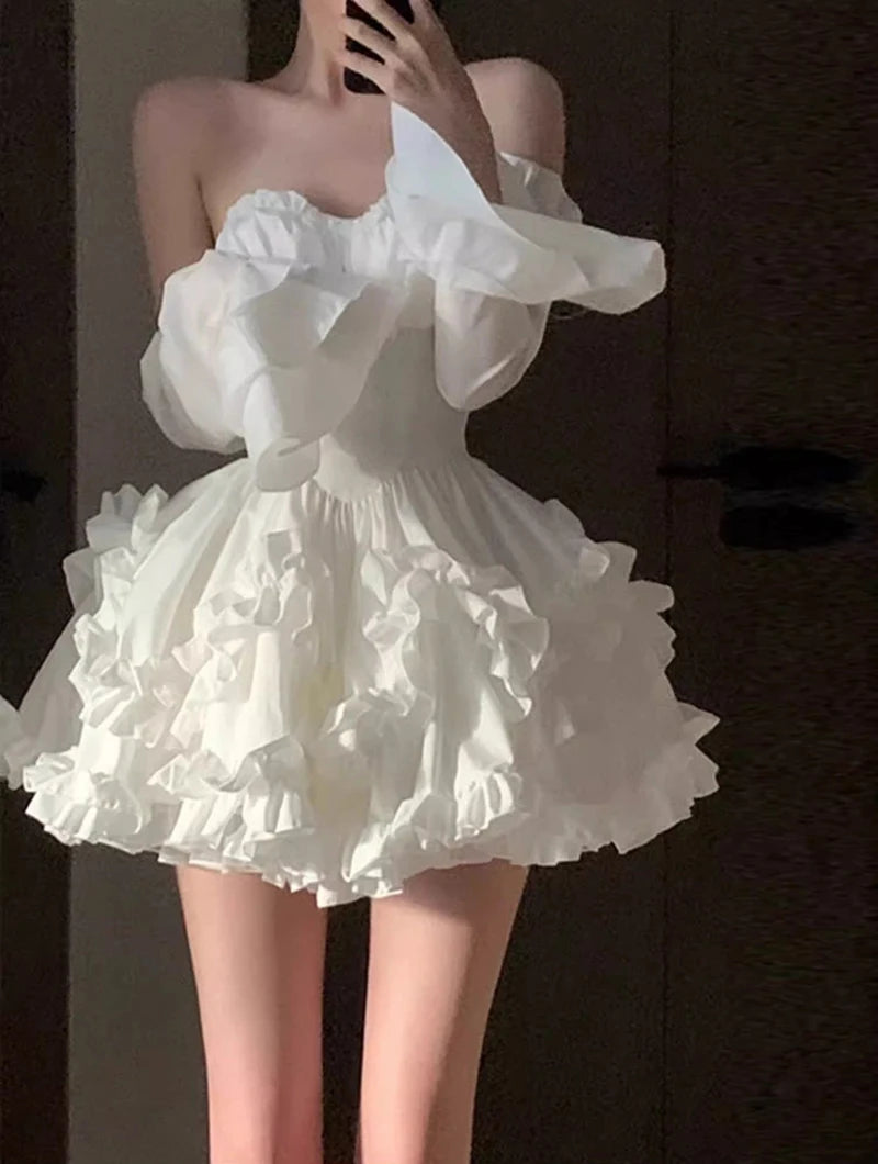 Elegant White Mini Dress Women Fashion Party Prom Luxury Strapless Dresses Summer Korean Sexy Ruffles Backless Bodycon Vestidos