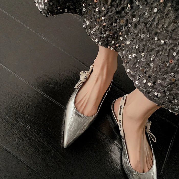 New Summer Low Block Heel Suede Pointed Toe Low-Cut Flats with Letter Back Strap Closed-Toe Sandals