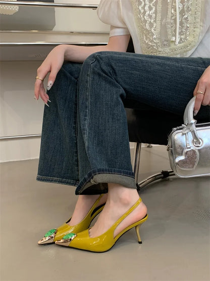 Eilyken Street Style Design Inlay Diamonds Woman Pumps Sandals Elegant Sexy Thin Heels Pointed Toe Banquet Prom Slingbacks Shoes