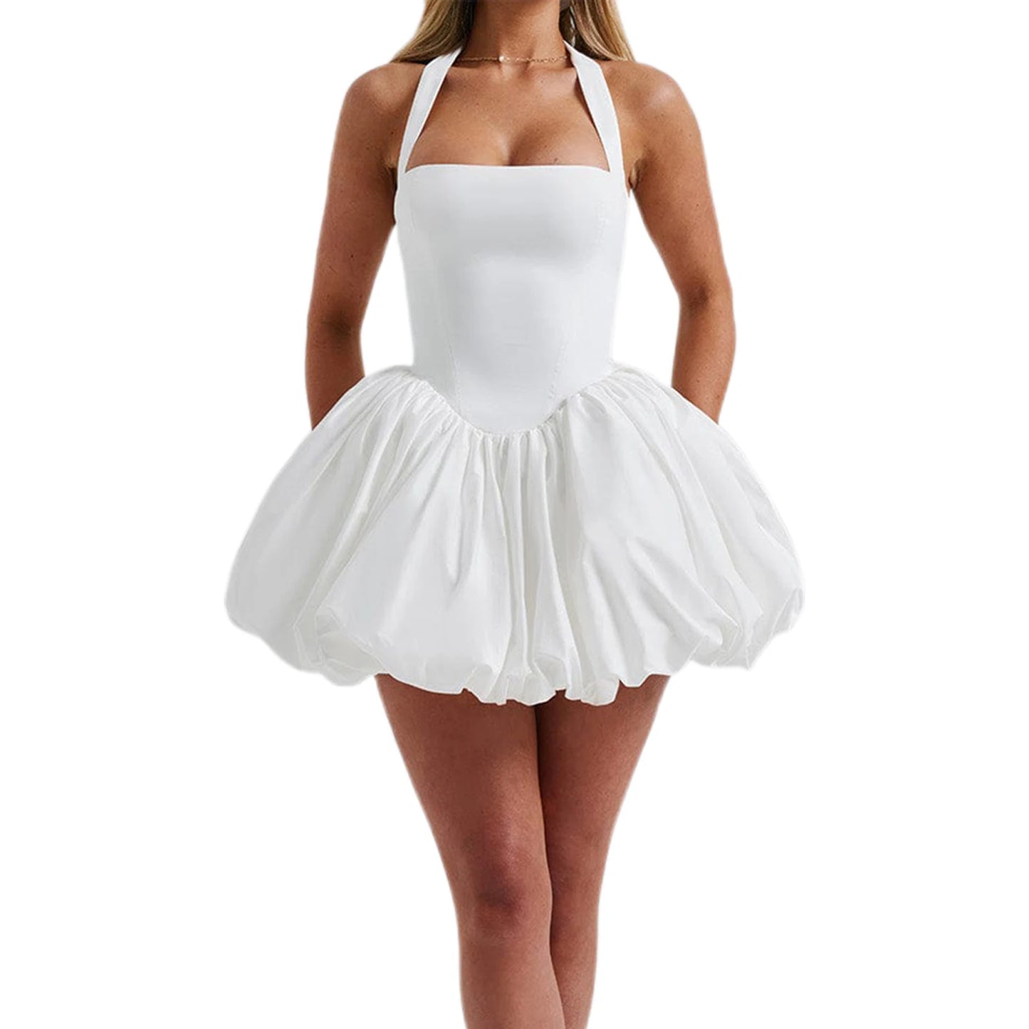 Women Summer Fashion Sexy Mini Tank Dress Sleeveless Halter Neck Solid Tie Up A-line High Waist Party Clubwear Bubble Dress