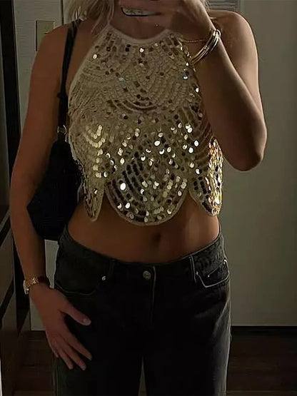 hirigin Womens Halter Sequin Tank Top Backless Tie Up Sexy Sparkly Crop Top Sleeveless Glitter Party Tops Sexy Clubwear