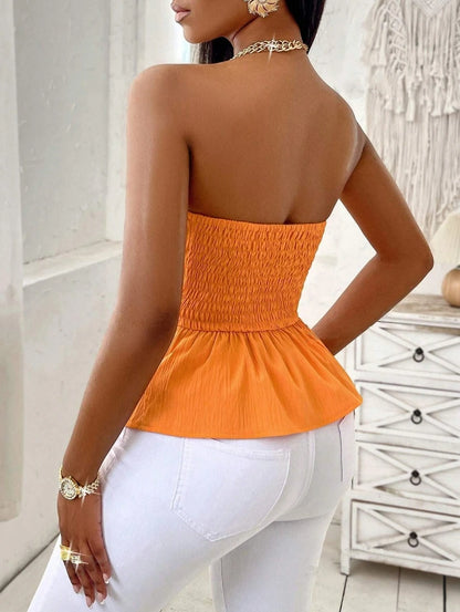 [Elegant] Peplum Strapless Top, Belted Wrap Waist Blouse for Vacation & Commute