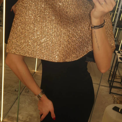 Women Elegant Gold Sparkle Capelet Top Shiny Tweed Shoulder Wrap Turtleneck Short Cloak New Lady Evening Club Party Tops 2026