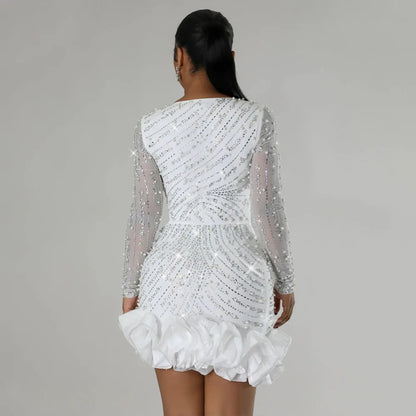 CM.YAYA Spring Women Long Sleeve Ruffles Hot Drilling Bead Short Dress Sexy Night Club Evening Birthday Mini Dresses Vestidos