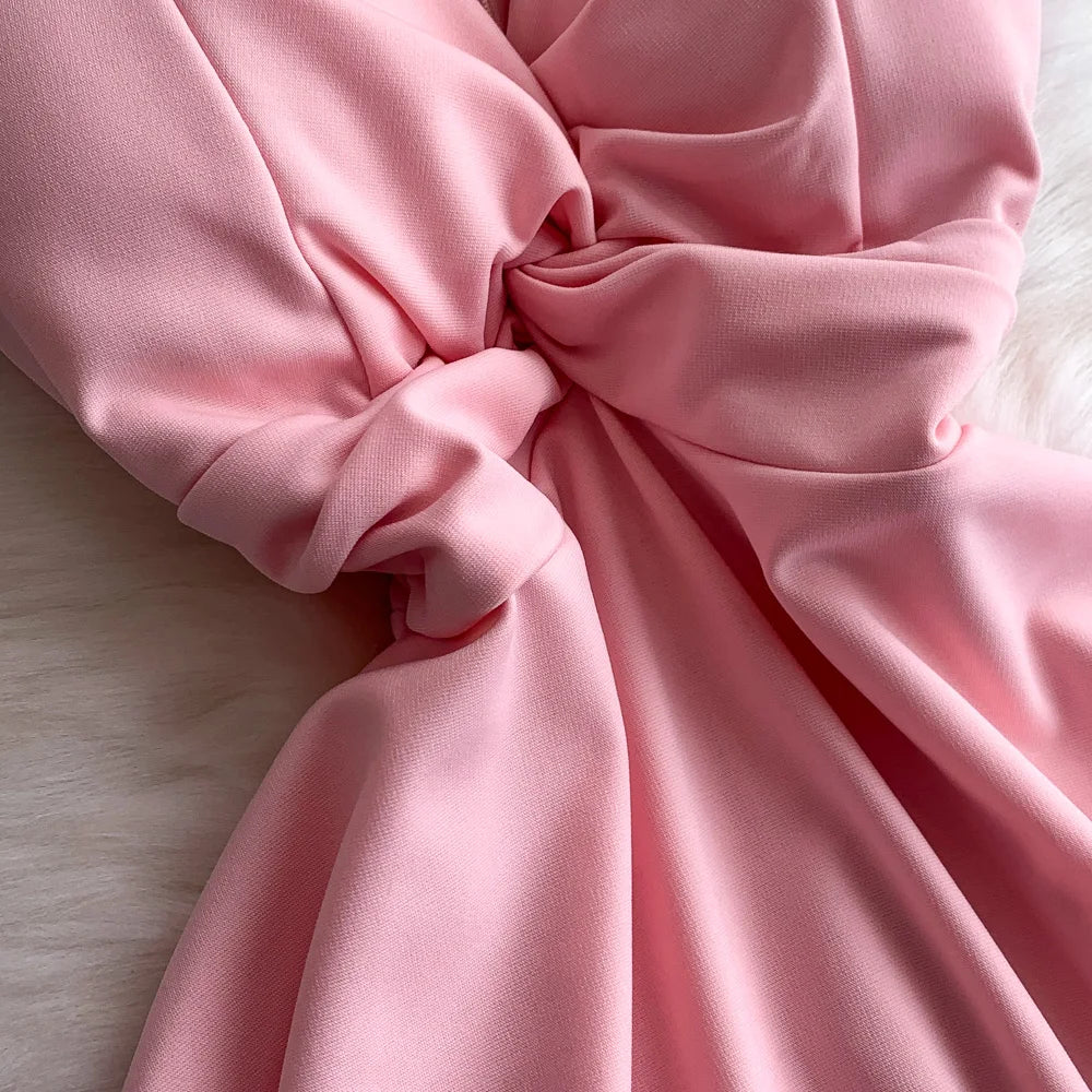 Chic V-neck  Ruched slim off shoulder  A-line High Waist Evening Party dress Women High Street ceremony dresses