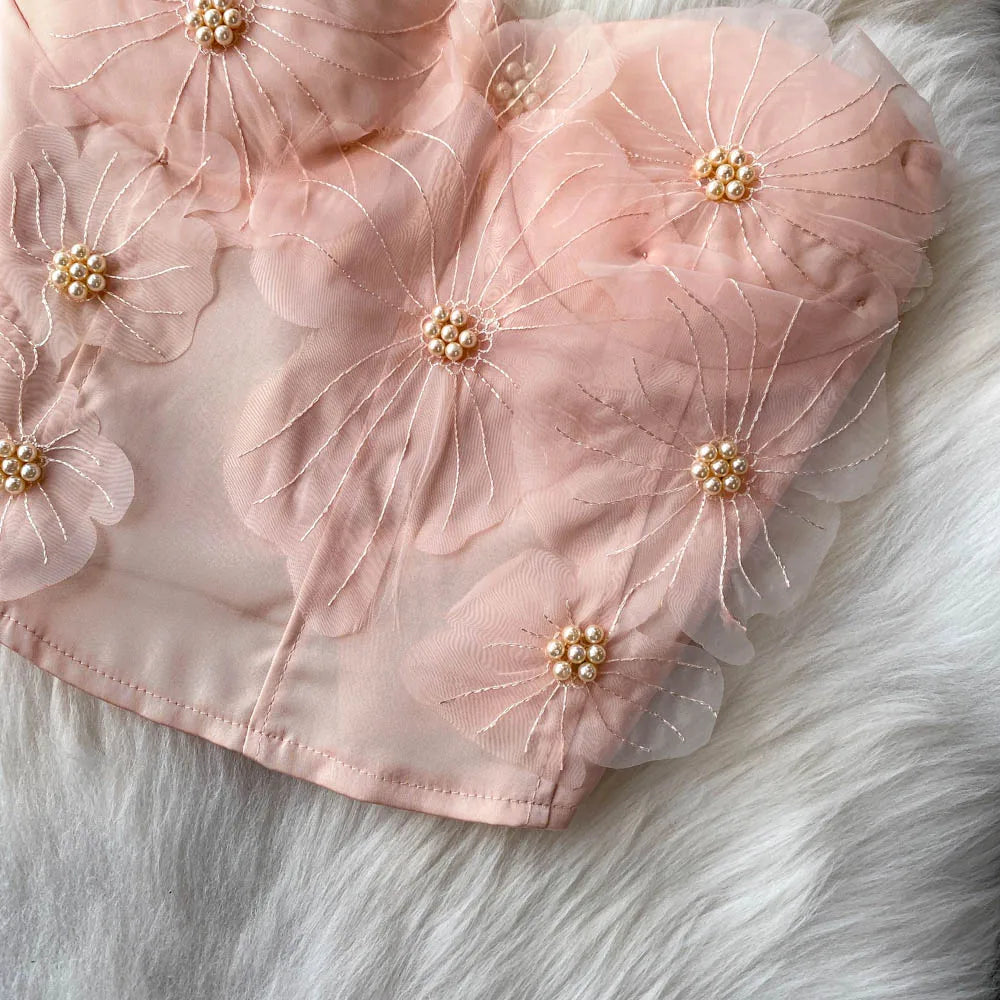 Embellished Short Crop Top Women's Vest with Chest Pad 3D Flower Decoration Slimming Effect Summer Fashion
