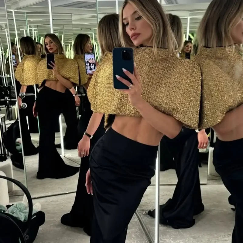 Women Elegant Gold Sparkle Capelet Top Shiny Tweed Shoulder Wrap Turtleneck Short Cloak New Lady Evening Club Party Tops 2026