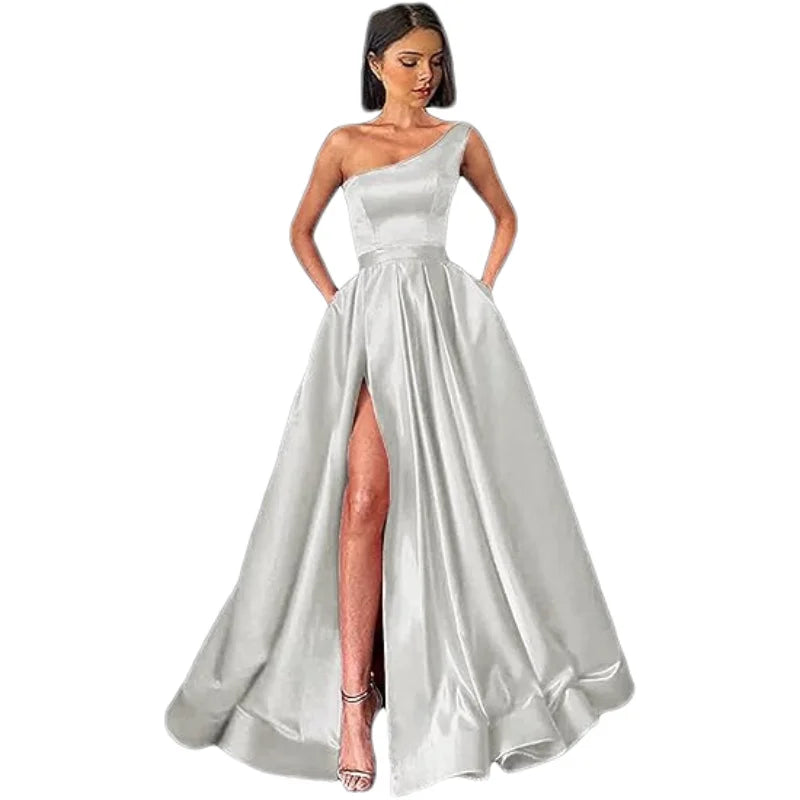 Customized Women's One Shoulder Prom Dresses Long Ball Gown High Slit Satin Corset Formal Dress Evening Gowns with Pockets