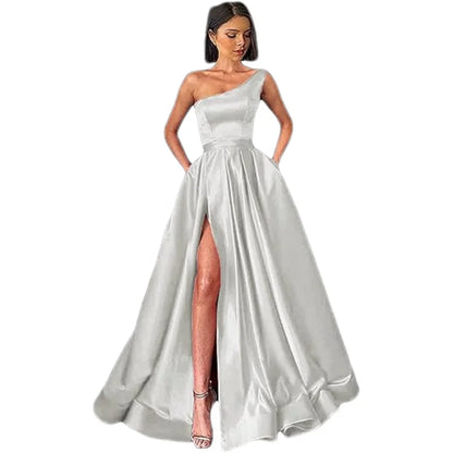 Customized Women's One Shoulder Prom Dresses Long Ball Gown High Slit Satin Corset Formal Dress Evening Gowns with Pockets