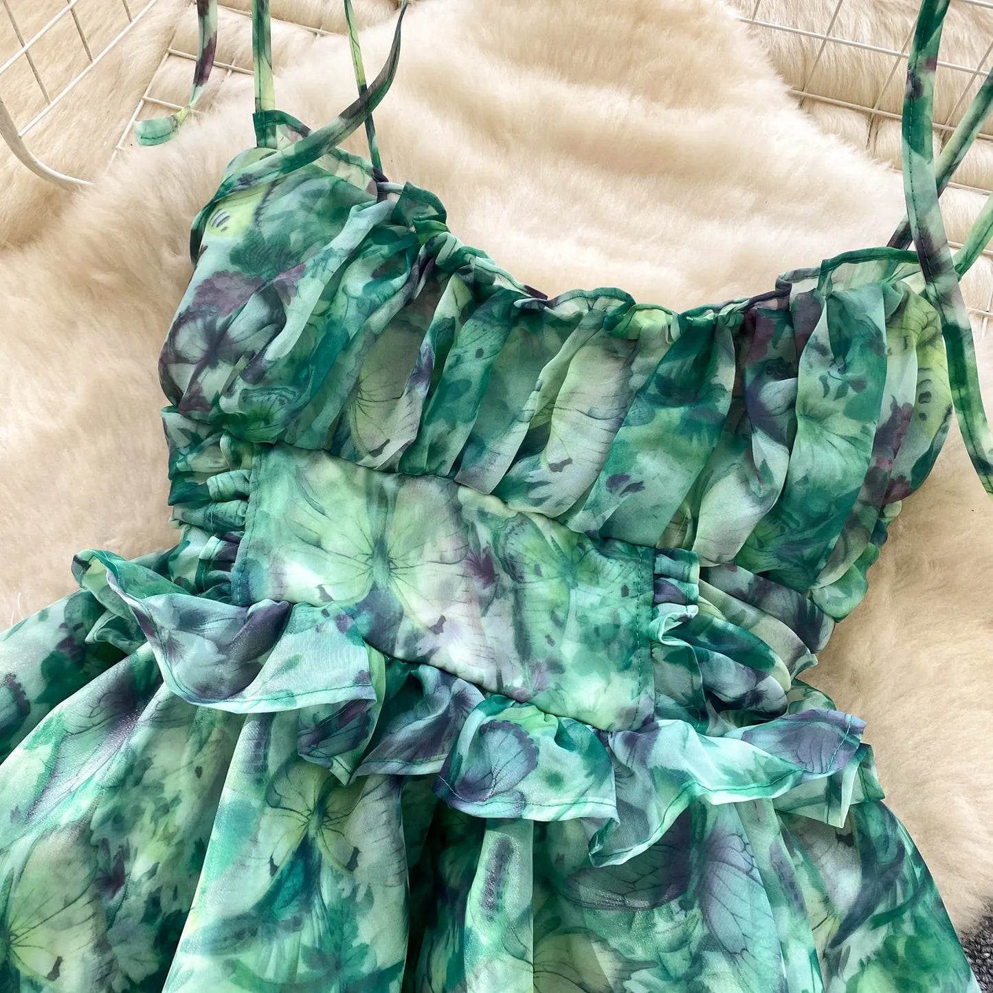SINGREINY Holiday Print Flowy Birthday Dress Women Strap Butterfly Vacation Cake Sundress Organza Luxury Party Short Dress