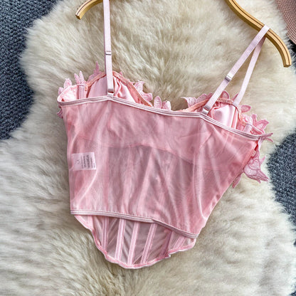 Slimming Floral Lace Crop Top Women's Summer Fashion Fishbone Design Strap Vest Breathable Short Style Sexy European Style
