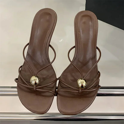 Aneikeh Fashion Low Thin Heels Design Narrow Band Women Slippers Narrow Band Round Head Sandal Mules Slides Shoes Zapatos Mujer