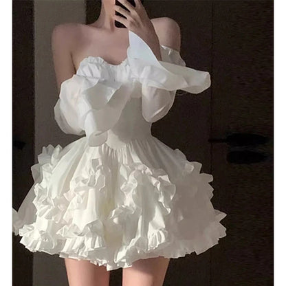 Elegant White Mini Dress Women Fashion Party Prom Luxury Strapless Dresses Summer Korean Sexy Ruffles Backless Bodycon Vestidos