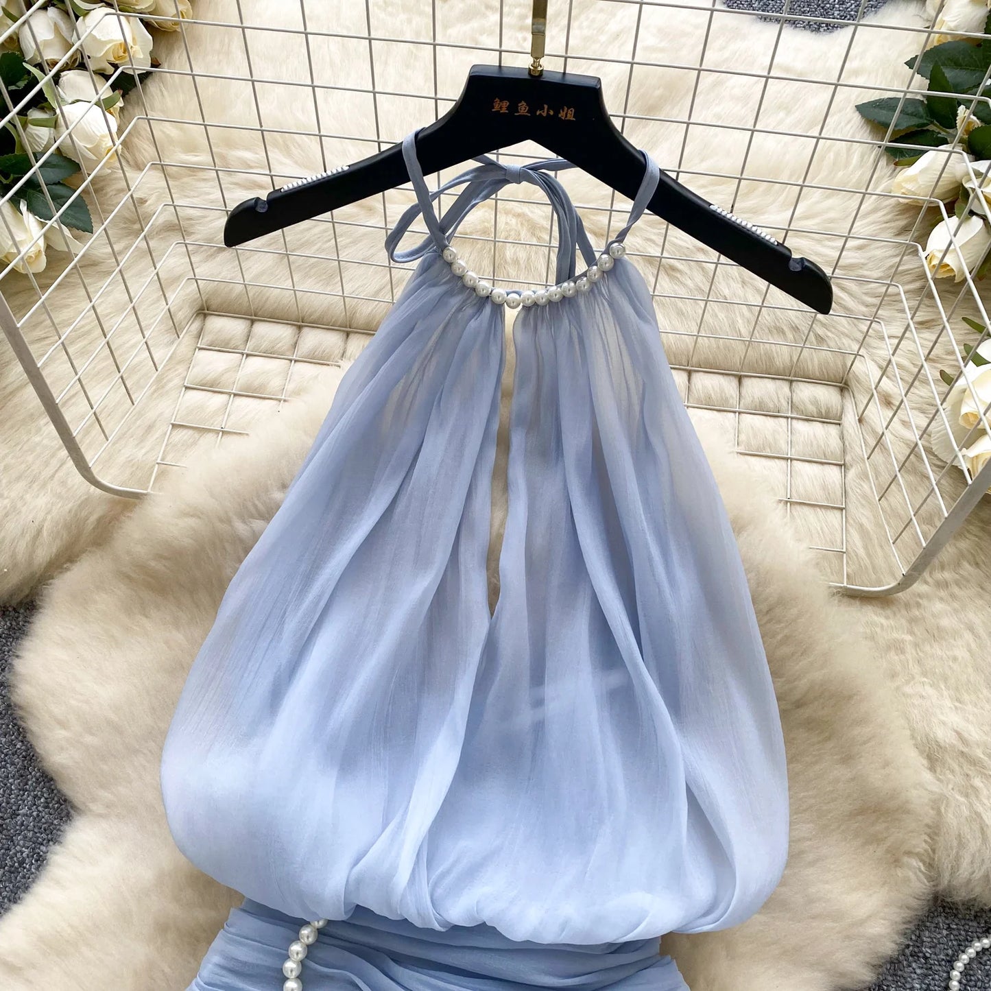 SINGREINY Strap Chiffon Mini Dress Female Pearl Halter Sleeveless Backless Sexy Design Fairycore Vacation Summer Ruffles Dress