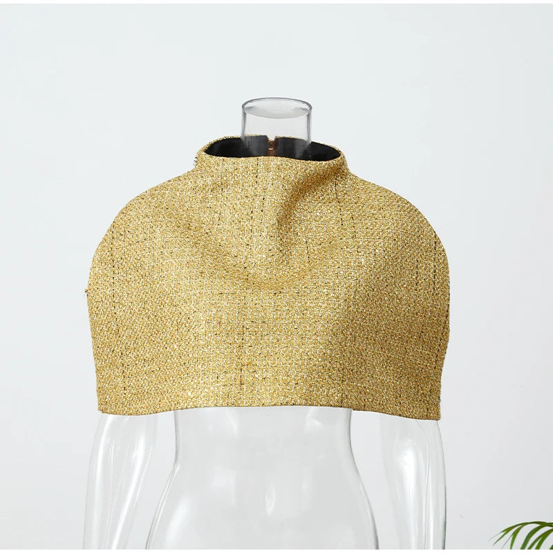 Women Elegant Gold Sparkle Capelet Top Shiny Tweed Shoulder Wrap Turtleneck Short Cloak New Lady Evening Club Party Tops 2026
