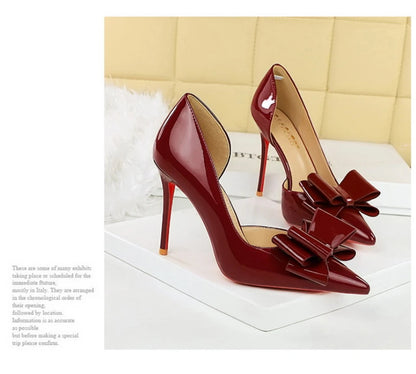 Nude Patent Leather Pointed Toe Stiletto Heel Pumps With Bow Cut Out High Heels For Wedding Party Prom Evening Formal Dress