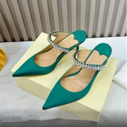 Women's Sandals 2026 New High Heels Fashion Water Diamond Chain Banquet Pointed Fine Heels Women's Muller Shoes