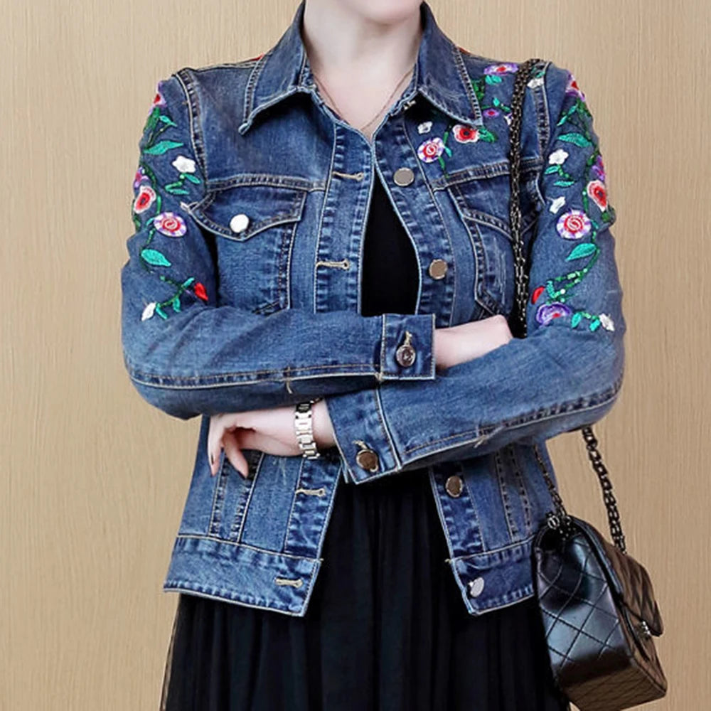 Embroidered denim jacket women's short 2025 spring and autumn new versatile elastic slim denim jacket Korean version jacket top