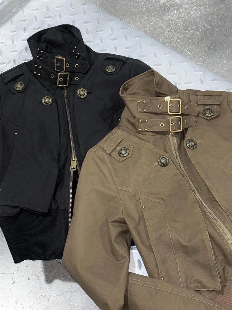 MEXZT Y2K Cropped Black Jacket Women Harajuku Vintage Stand Collar Coat Autumn Streetwear Grunge Long Sleeve Zipper Outerwears
