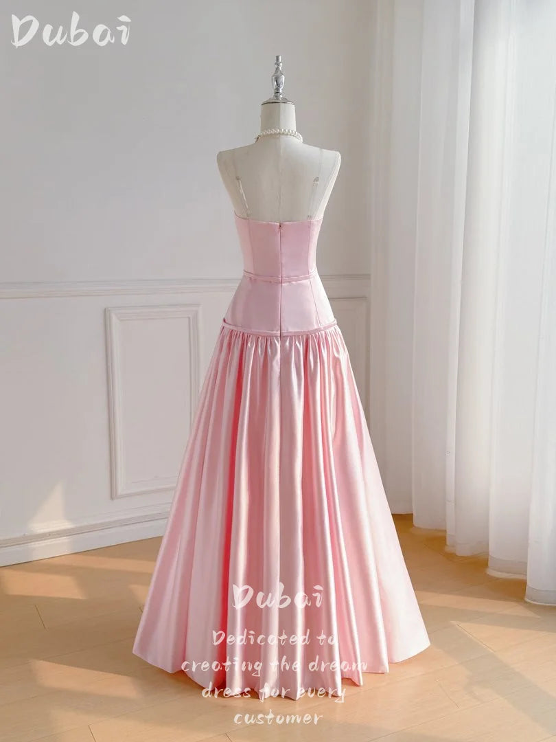Evening Luxury Party Dresses Dubai Vintage Pink Satin Strapless Formal Occasion Ball Prom Gowns Customized أطقم فساتين