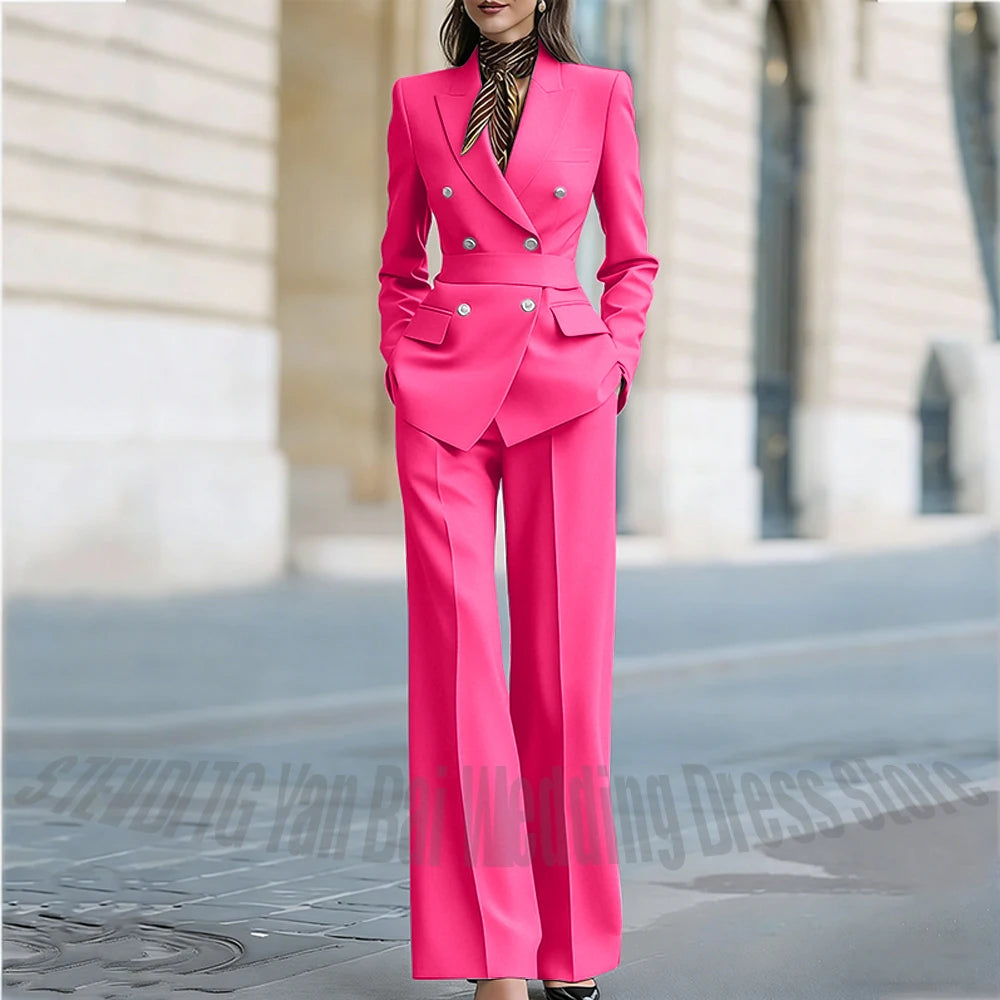 Customized Straight Women's Suits Two Pieces Classic Double Breasted Solid Color High Street Business Casual Office Suit Set