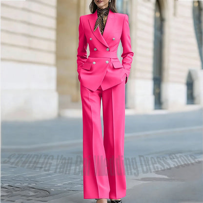 Customized Straight Women's Suits Two Pieces Classic Double Breasted Solid Color High Street Business Casual Office Suit Set
