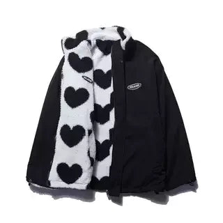 Double-Sided Wear Thickened Lamb Fur Heart Pattern Cotton Jacket Couple's Two-Way Wear Casual Warm Zipper Closure Long Sleeve...