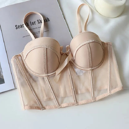 French Ladies Transparent Mesh Corset Sexy Shaper Thin Bra Set Night Club Sweet Cropped Top Girls Hot Bra and Panties Bralette