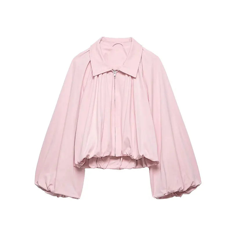 NLZGMSJ Women Bomber Jacket 2026 Spring Ball Sleeve Folds Zipper Loose Coat Female Casual Oversize Top Y2K