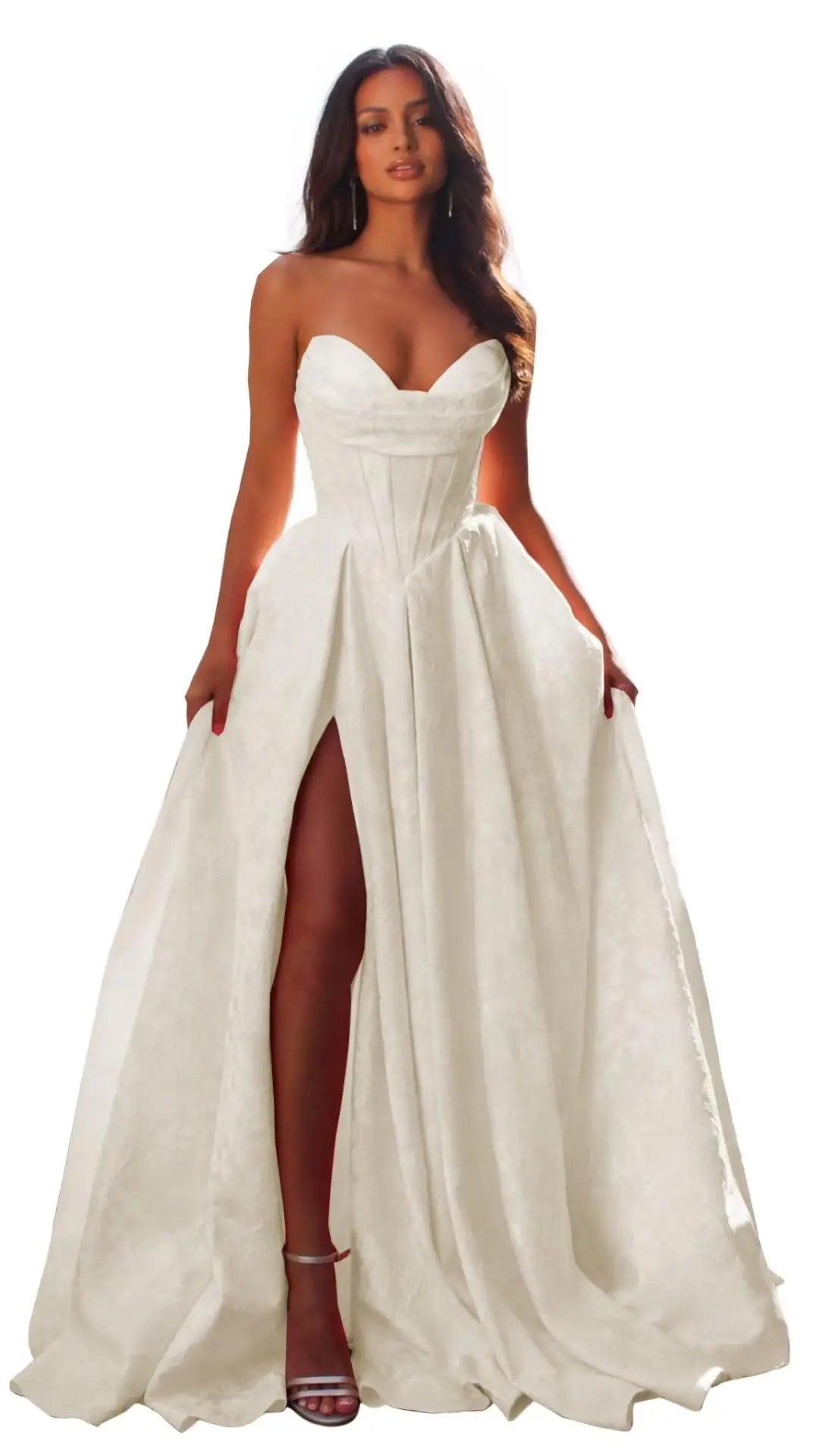 Women Elegant Jacquard Satin Prom Dresses with Slit Strapless Corset A Line Long Formal Gowns Evening Gowns Party Dresses