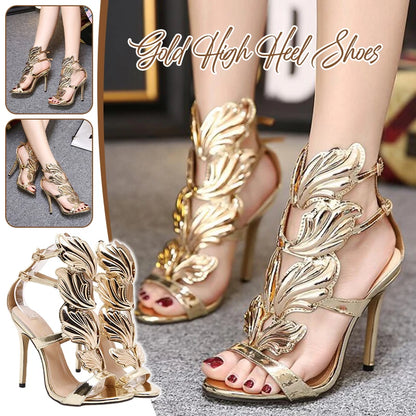 Gold Open Toe High Heel Women Sandals Elegant Leaf Detailing Party Wedding Dress Pumps Women Gladiator Sandals Bowknot Decor