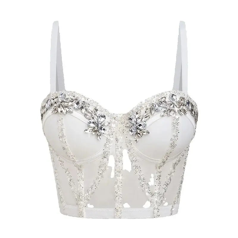 Fashion 2025 Women's Bikins White Diamonds Sling Feminine Short Crop Top Bungee Underwear Tank Tops Sexy Stage Costume Bras