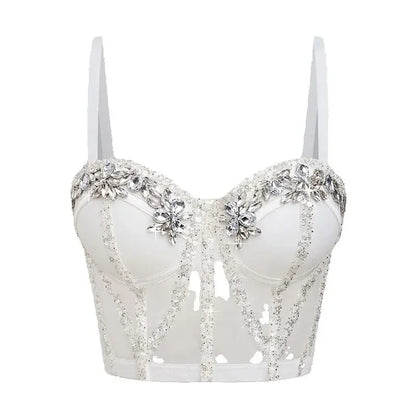 Fashion 2025 Women's Bikins White Diamonds Sling Feminine Short Crop Top Bungee Underwear Tank Tops Sexy Stage Costume Bras