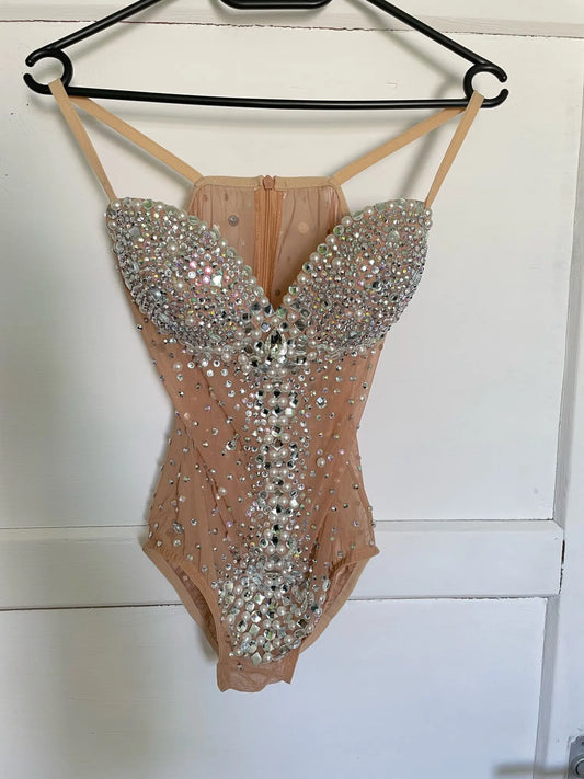 Women Sexy Pearl Strap Drag Queen Rhinestone Bodysuits Birthday Outfit Leotard Black Stage Wear 2025