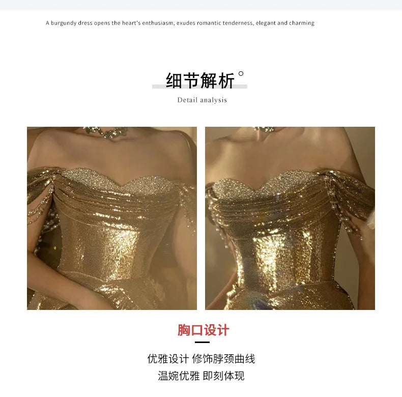 Mauroicardi Spring Autumn Praty Evening Dresses Woman Off Shoulder Backless Elegant Chic Luxury Floor Length Gold Sequin Clothes