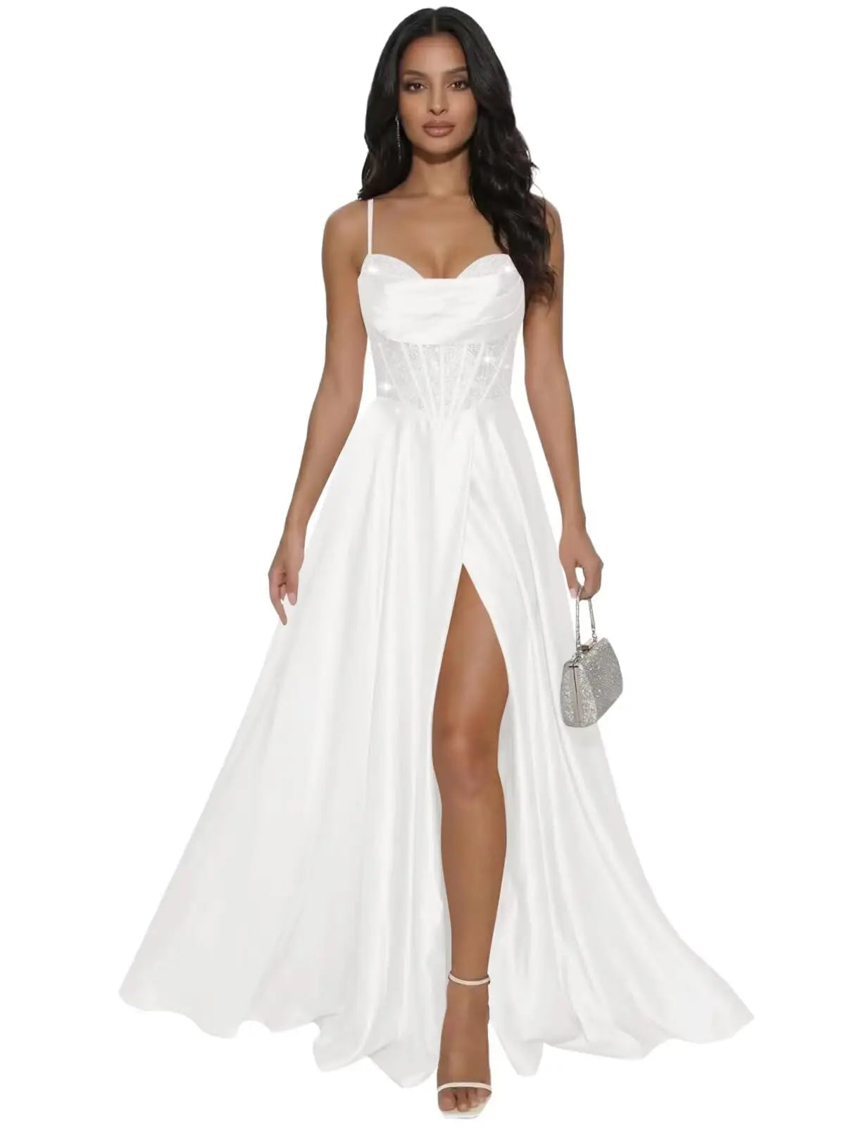 Pleated Satin A Line Prom Dresses for Women Spaghetti Straps Sequin Corset Formal Dress with Slit Formal Dress Women Elegant
